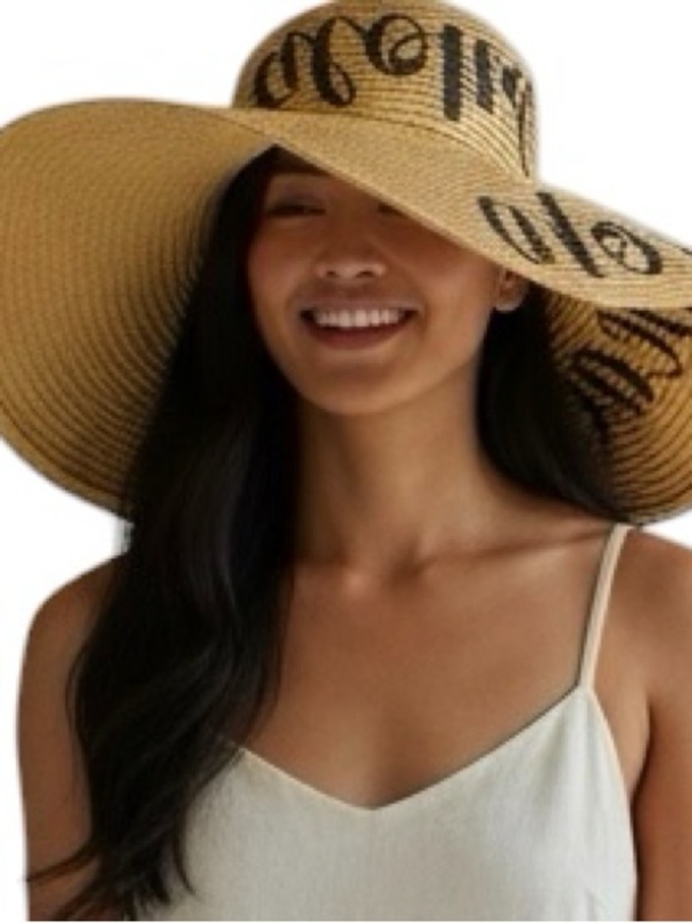Aloha Beaches Straw Wide-Brim Sun Floppy Hat with Script Detail - Natural OS
